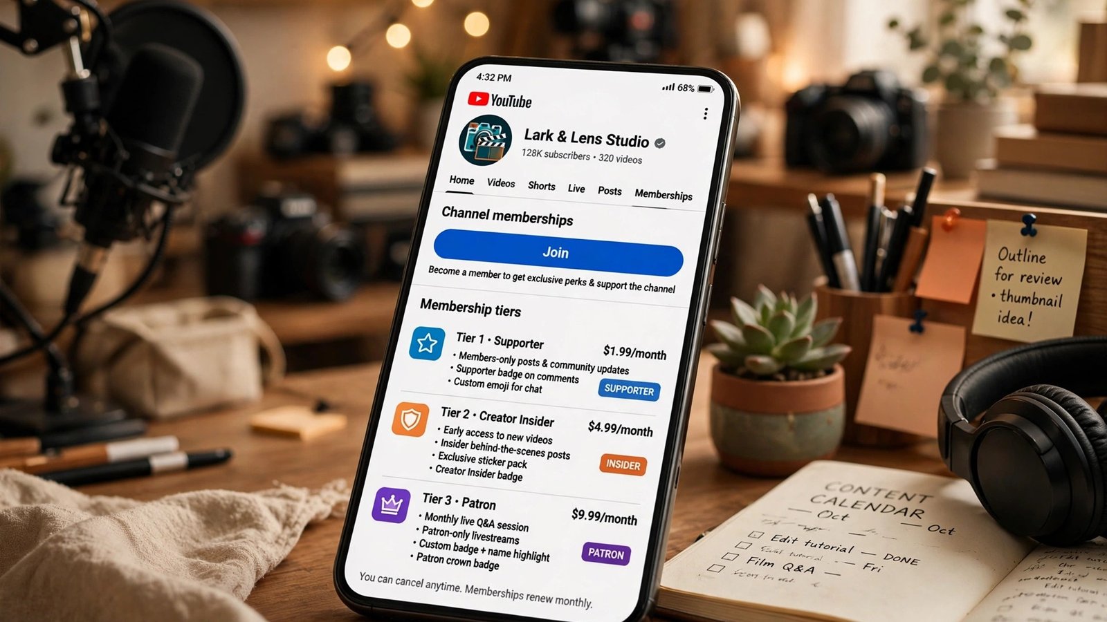 youtube channel memberships 2026 — A smartphone showing a YouTube channel's "Join" membership button with tier badges