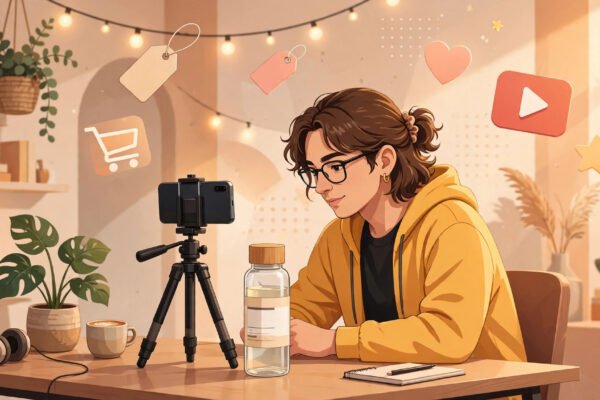 Creator filming a product video with YouTube Shopping tags