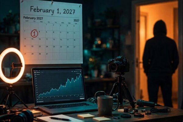 Home YouTube studio at night: analytics dashboard on a laptop and a February 1, 2027 calendar circled in red