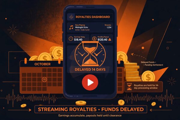 YouTube royalties delayed again - music dashboard with clock and delayed dollar coins