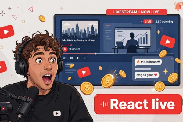 Creator reacting live to a long-form video with YouTube Watch With monetization