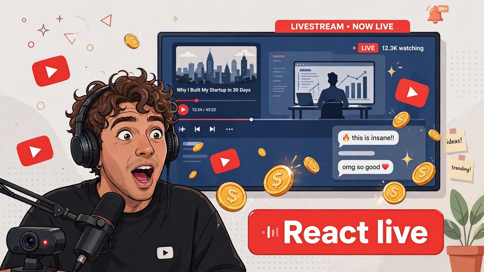 Creator reacting live to a long-form video with YouTube Watch With monetization